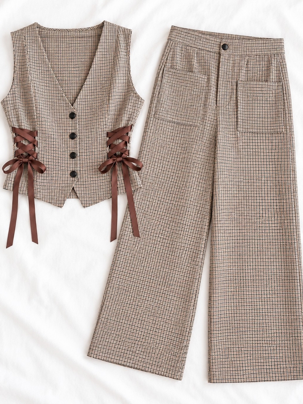 SHEIN Brown Check Plaid Wide-Leg Pants with Lace-Up Waistcoat Set